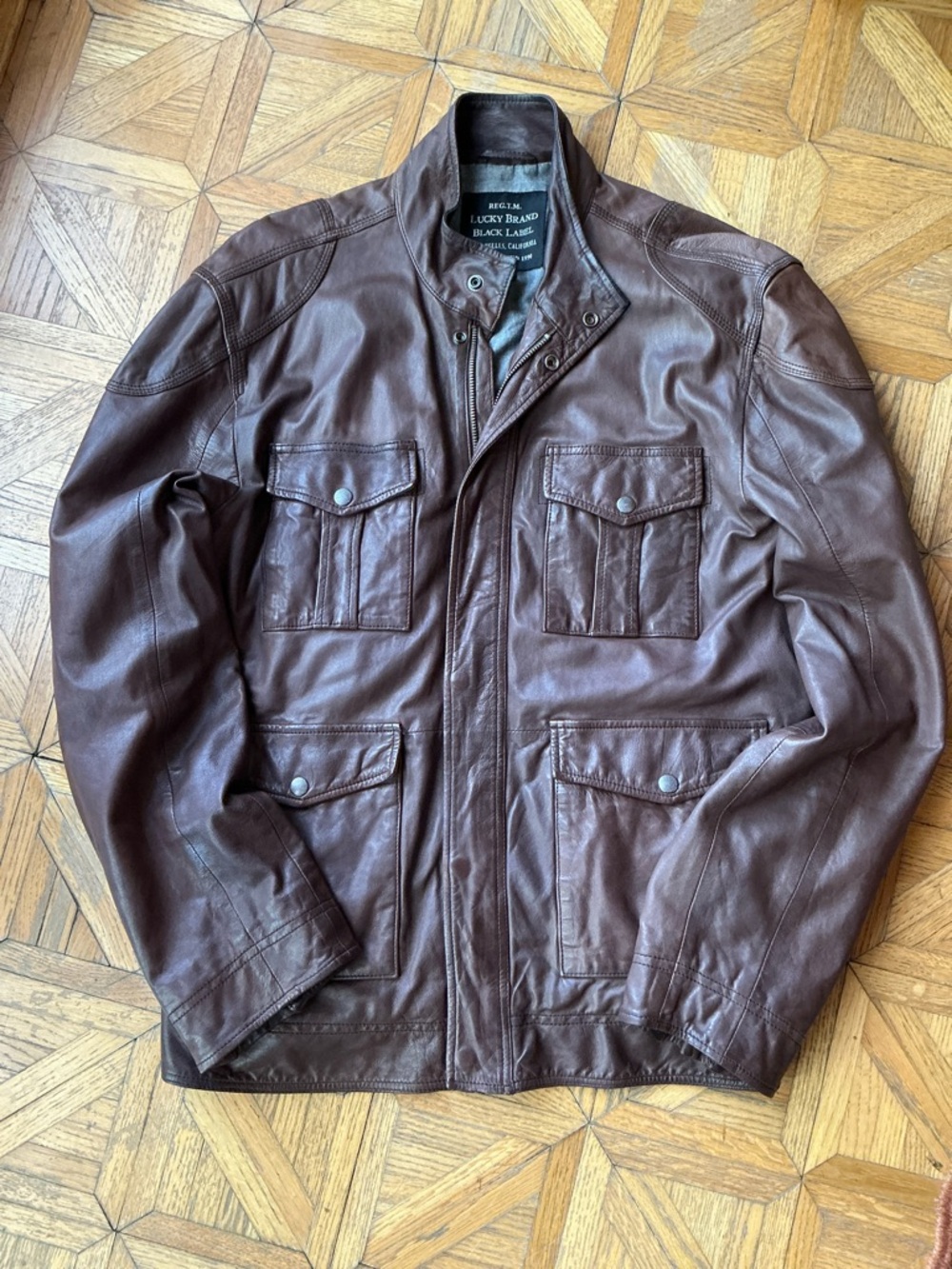 Lucky Brand Men's Dark Brown Leather Military Field Jacket